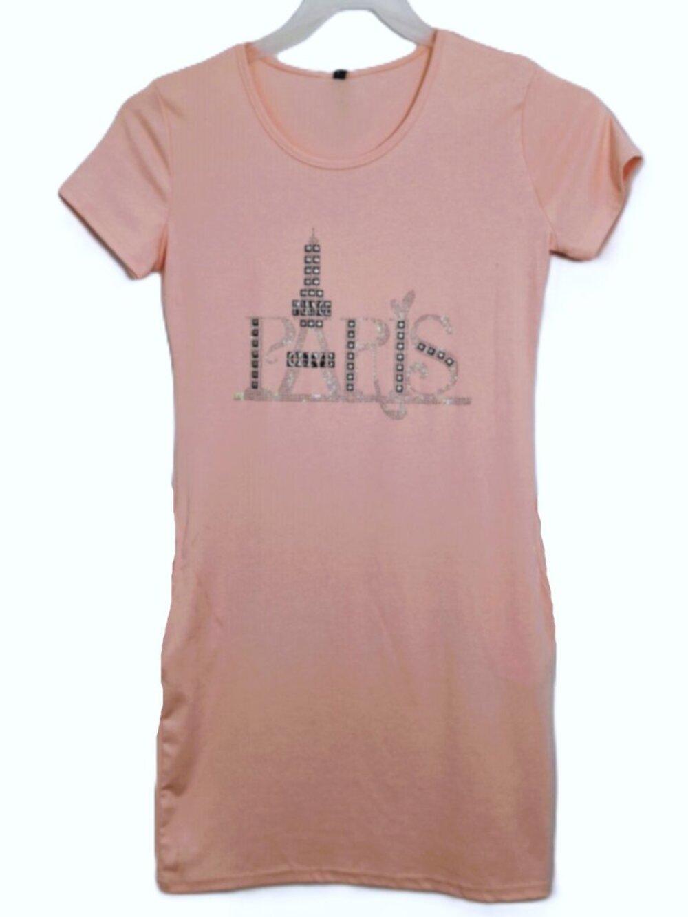3R Fashion Stretch Cotton T-Shirt Pink Dress Sz L Metallic Embellishment Pockets